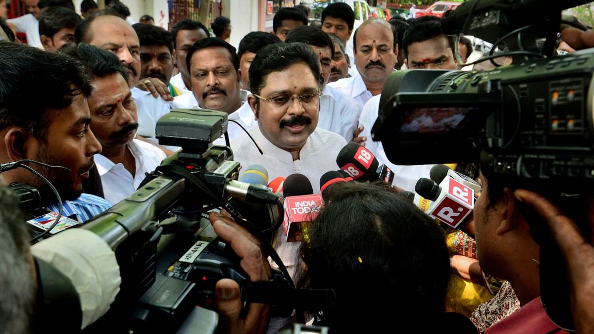 AMMK leader TTV Dhinakaran was questioned by ED a few days ago in a money laundering case linked to the alleged bribing of Election Commission officials to get the AIADMK's 'two leaves' symbol for the V K Sasikala faction. Credit: PTI Photo