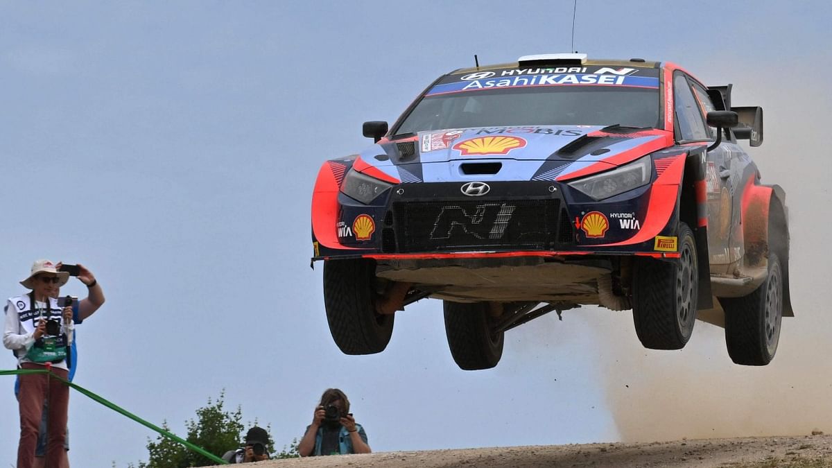 Estonian driver Ott Tanak steers his Hyundai assisted by his co-driver Martin Jarveoja, across Micky's Jump on June 4, 2022 during the SS15 special near Pattada of the Rally of Sardegna, 5th round of the FIA World Rally Championship. Credit: AFP Photo
