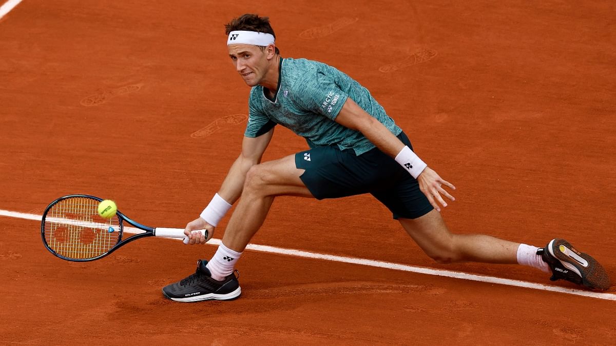 World number eight Ruud, the in-form player on clay since the start of 2020 with 66 wins on the surface, was under siege again in the second set, having to fight off three break points in the opening game. Credit: Reuters Photo
