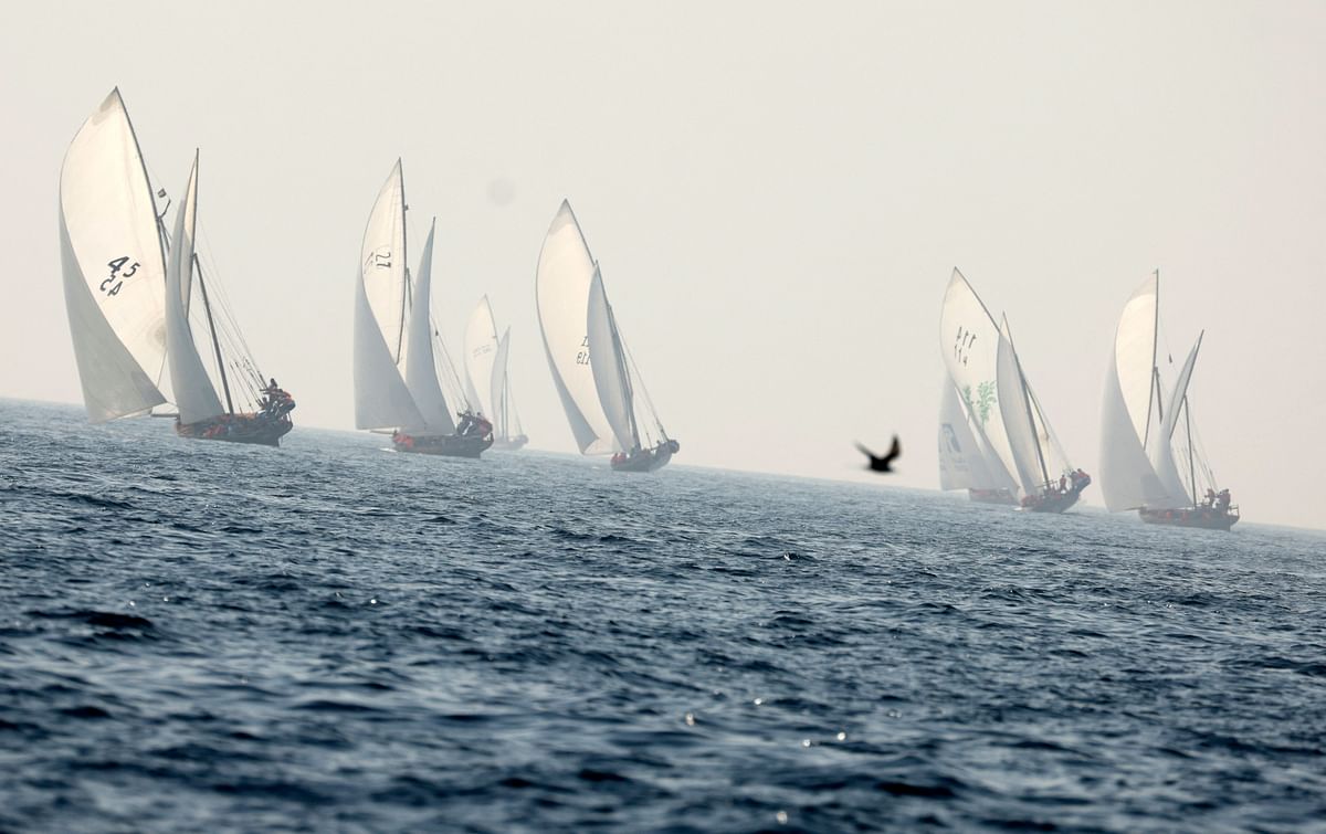 Sailors participate in the annual long-distance dhow sailing race, known as al-Gaffal, near Sir Abu Nuair island towards the Gulf emirate of Dubai. Credit: AFP Photo