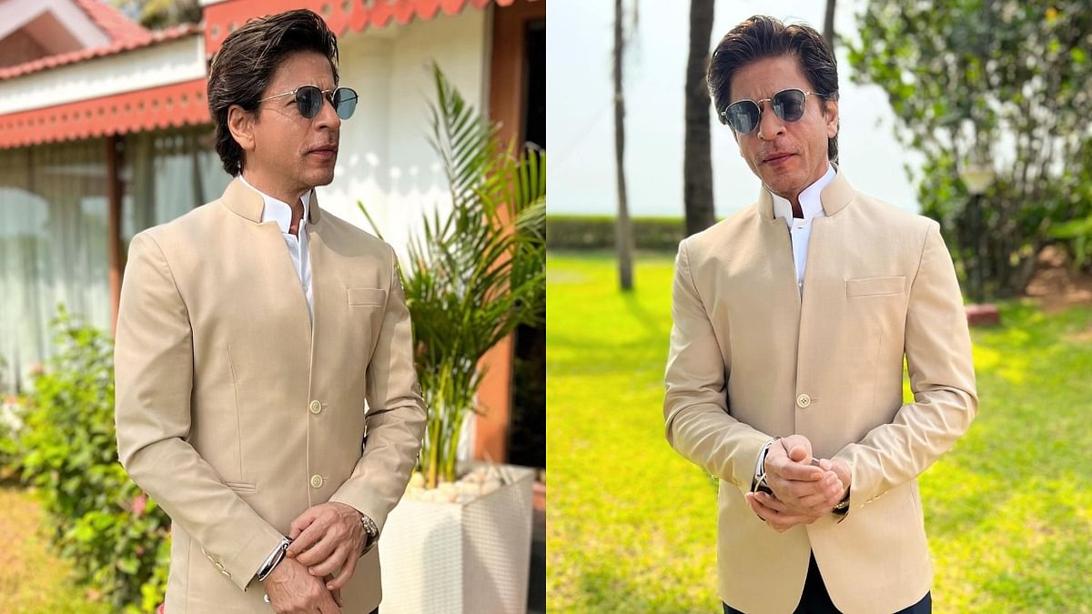 SRK looked dapper in beige outfit at Nayanthara and Vignesh Shivan's wedding. Credit: Instagram/poojadadlani02