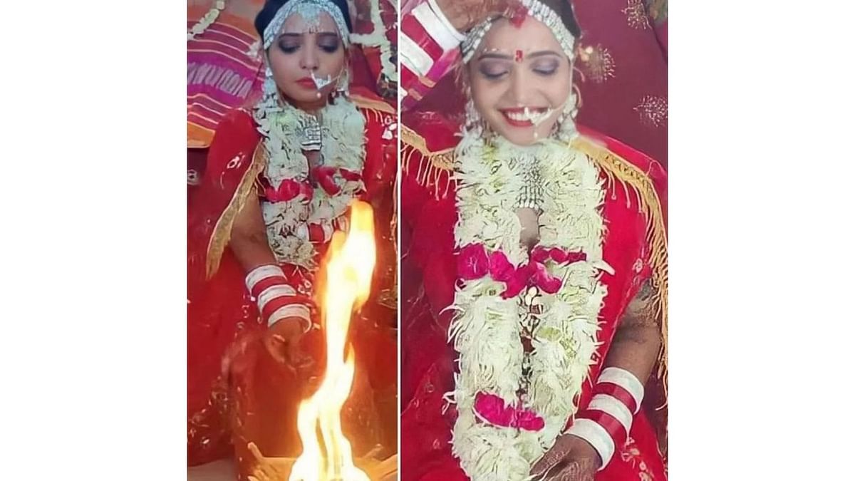 Bindu was seen wearing bridal make-up, 'mehndi' and a saree, and taking part in rituals in front of the sacred fire. Credit: Instagram/kshamachy
