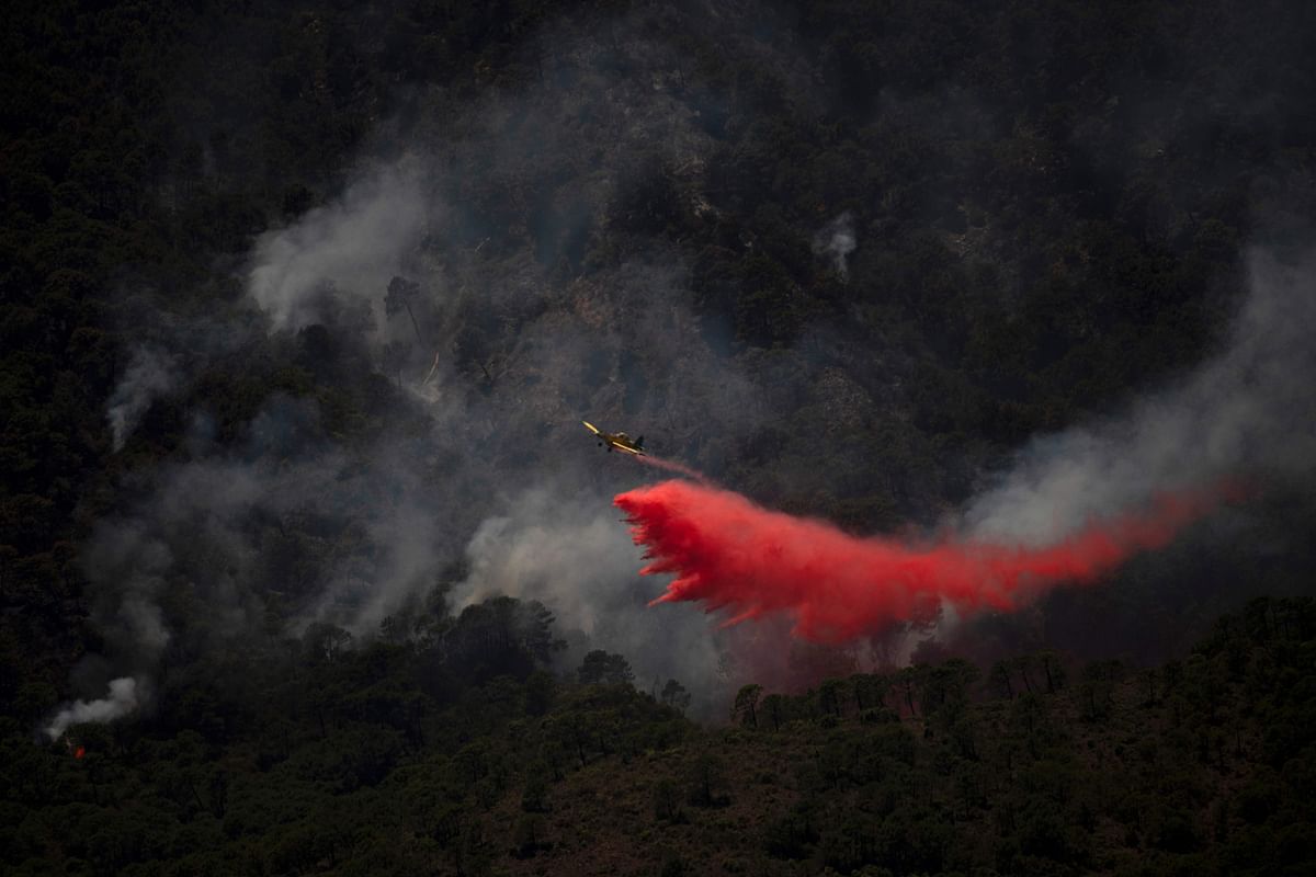 A plane, pictured from Benahavis, dumps fire retardant onto a wildfire at the Sierra Bermeja mountain range, province of Malaga. Credit: AFP Photo
