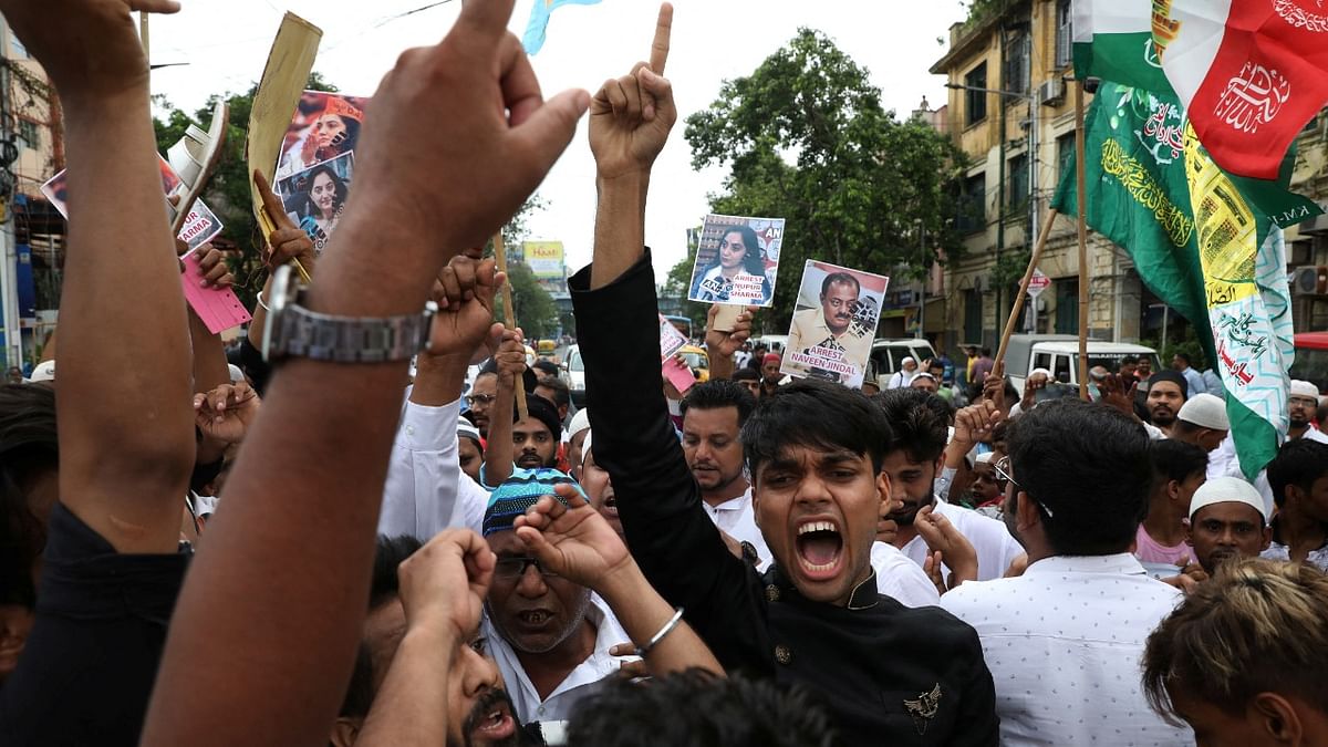 Not only India, but other countries also witnessed massive protests over Sharma's comments. New Delhi has been putting out diplomatic fires ever since controversy broke. Pictured: Muslims shout slogans during a protest in Kolkata. Credit: Reuters Photo