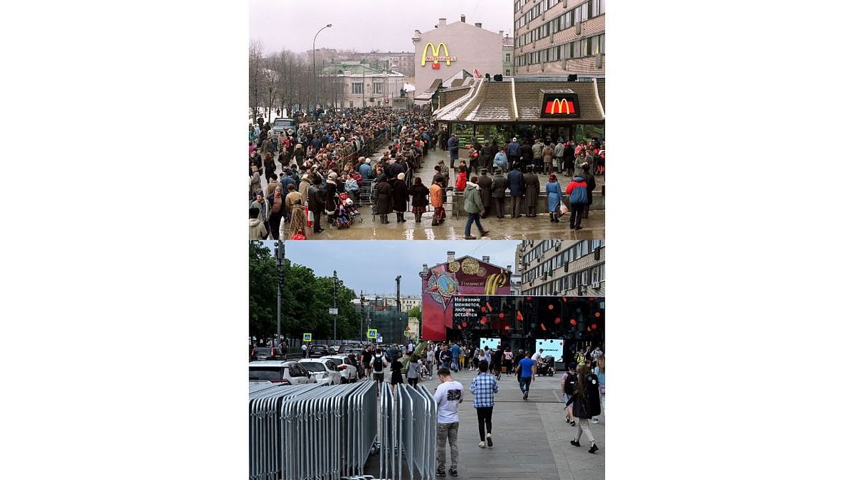 Customers standing in line outside the first McDonald's outlet in the Soviet Union at Moscow's Pushkin Square (up) and the crowd outside the rebranded McDonald's restaurant 'Vkusno - i tochka'. Credit: AFP Photo