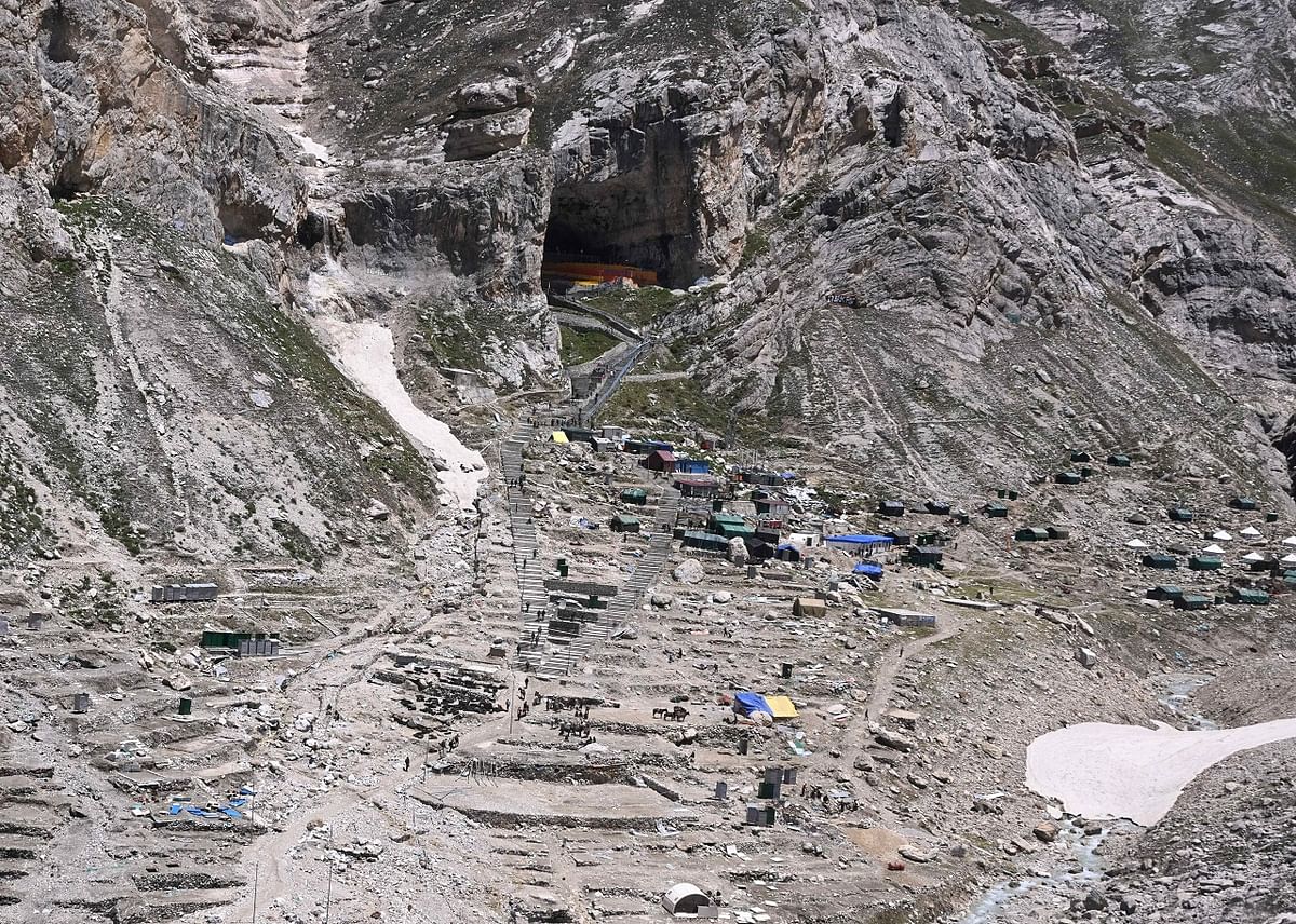 Aerial view of holy cave shrine of Amarnath during 'Pratham Pooja' in Anantnag district. Credit: PTI Photo