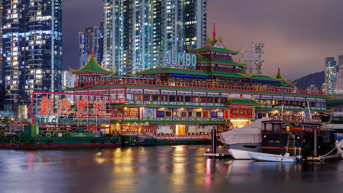 Hong Kong's Jumbo Floating Restaurant, a famed but ageing tourist attraction that featured in multiple Cantonese and Hollywood films, was towed out of the city after the Covid pandemic finally sank the struggling business. Credit: AFP Photo