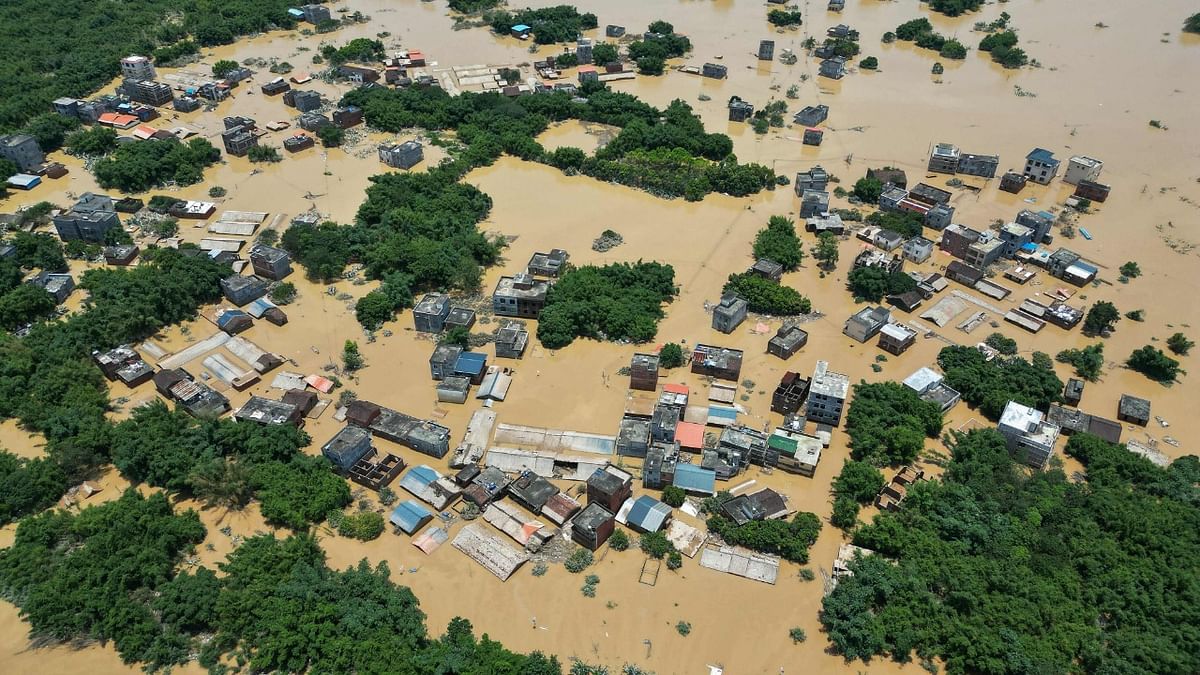 This aerial photo taken on June 23, 2022 shows a flooded area after heavy rains in Yingde, Qingyuan city, in China's southern Guangdong province. Credit: AFP Photo