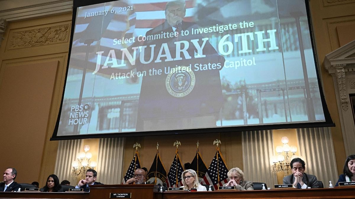 Former US President Donald Trump appears onscreen during the fifth hearing by the House Select Committee to Investigate the January 6th Attack on the US Capitol in the Cannon House Office Building in Washington, DC. Credit: AFP Photo