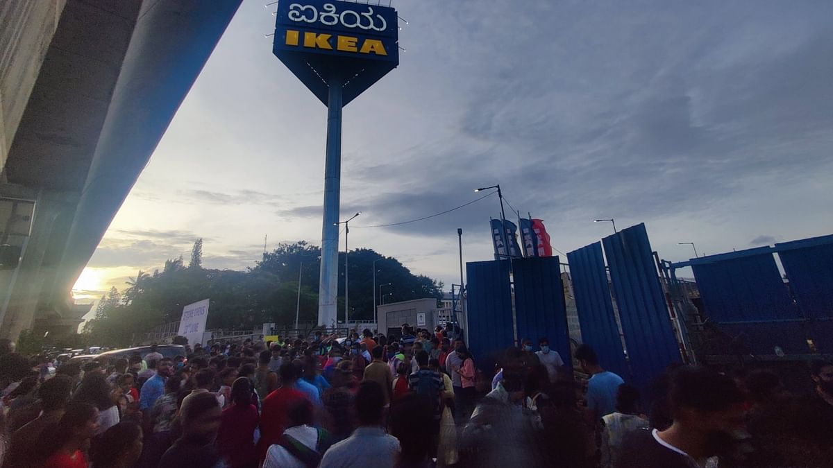 Hundreds of visitors are seen outside the newly-opened IKEA store in Bengaluru. Credit: Twitter/YRS2tweets