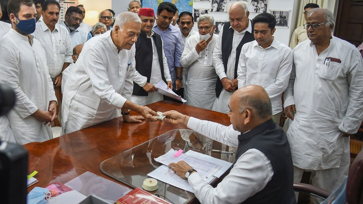 Joint opposition candidate Yashwant Sinha on Monday filed nomination for next Presidential election on June 27, 2022. Credit: PTI Photo