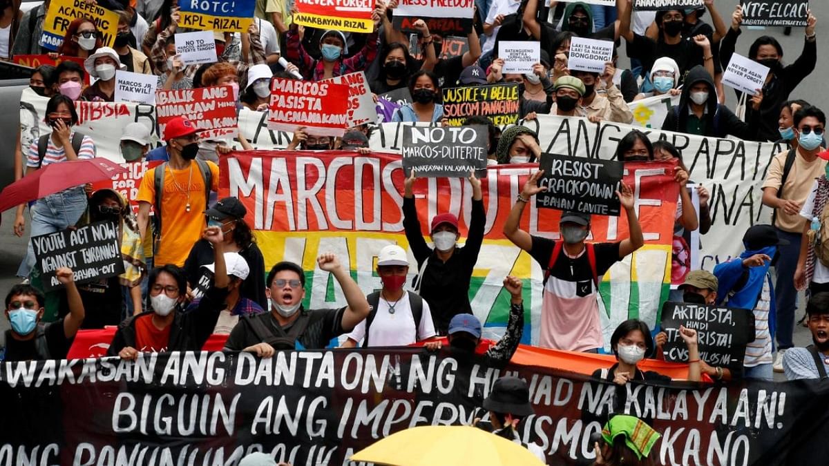 Protesters demonstrate as they gather at a square during a rally to coincide with the inauguration of Philippine President Ferdinand R. Marcos Jr. in Manila on June 30, 2022. Credit: AFP Photo