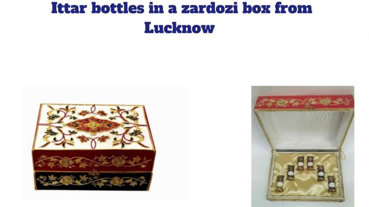 PM Modi gifted ittar (perfume derived from natural sources) bottles in a zardozi box, crafted in Lucknow, to Emmanuel Macron, the French president. Credit: Ministry of Culture