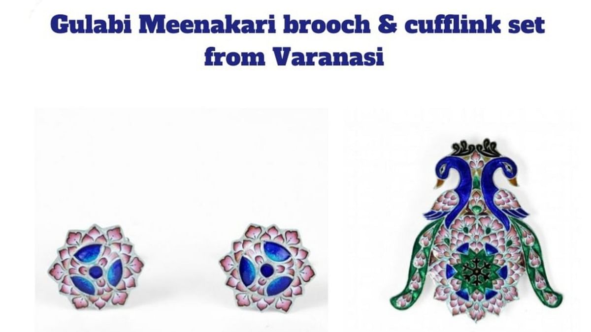 PM Modi gifted Joe Biden, the president of the United States, a Gulabi Meenakari brooch and cufflink set from Varanasi. Credit: Ministry of Culture