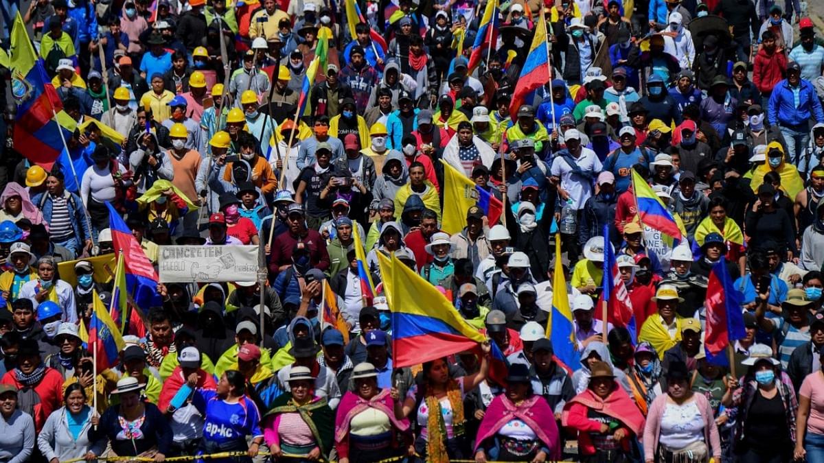 Indigenous demonstrators march in Quito on June 30, 2022, in the framework of indigenous-led protests against high living costs. Credit: AFP Photo