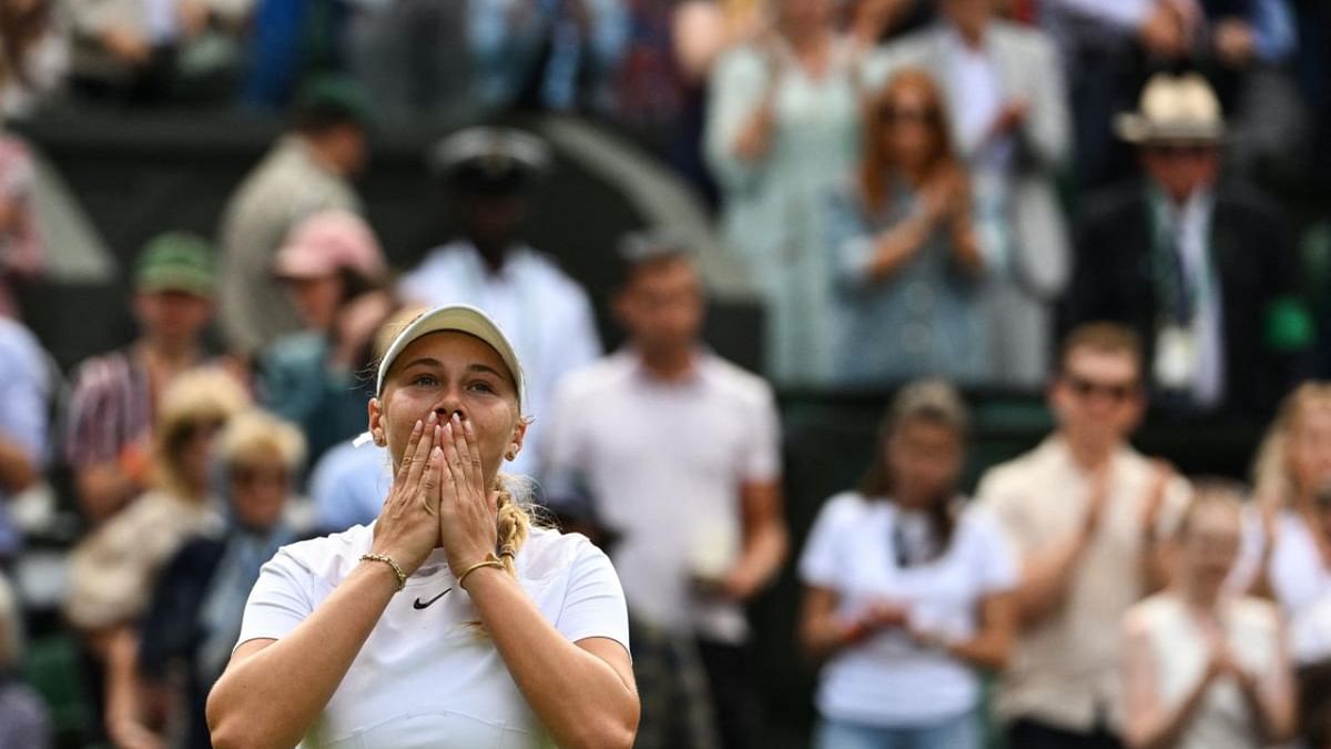 US player Amanda Anisimova celebrates after winning against US player Coco Gauff during their women's singles tennis match on the sixth day of the 2022 Wimbledon Championships at The All England Tennis Club in Wimbledon, southwest London, on July 2, 2022. Credit: AFP Photo