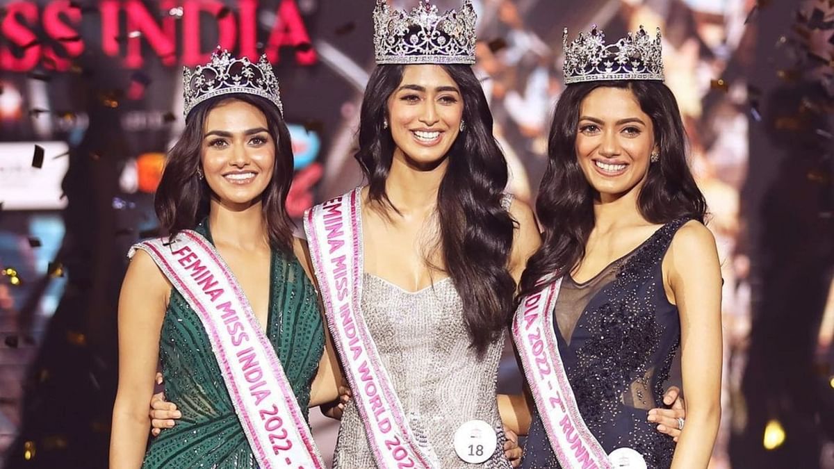 Miss India World Sini Shetty flanked by Femina Miss India 2022 first Runner-up  Rubal Shekhawat and Femina Miss India 2022 second Runner-up Shinata Chauhan during the Femina Miss India 2022 beauty pageant. Credit: Instagram/missindiaorg