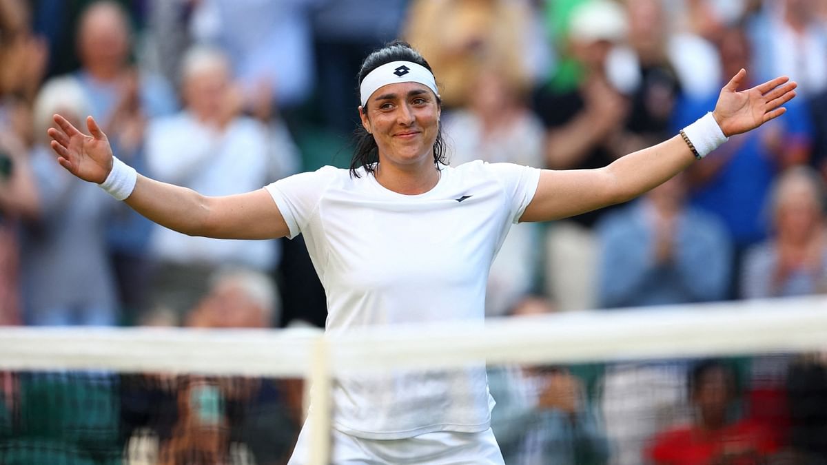 Tunisia's world No 2 tennis player Ons Jabeur rallied from a set down to defeat Marie Bouzkova of the Czech Republic 3-6, 6-1, 6-1 at Wimbledon to become the first Arab or North African woman to reach a Grand Slam singles semifinal. Credit: Reuters Photo