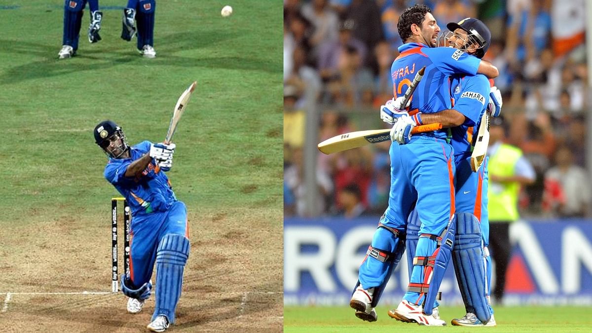 MS Dhoni’s last ball six that won India the World Cup in 2011 is an iconic moment in cricket. Credit: AP & DH File Photo