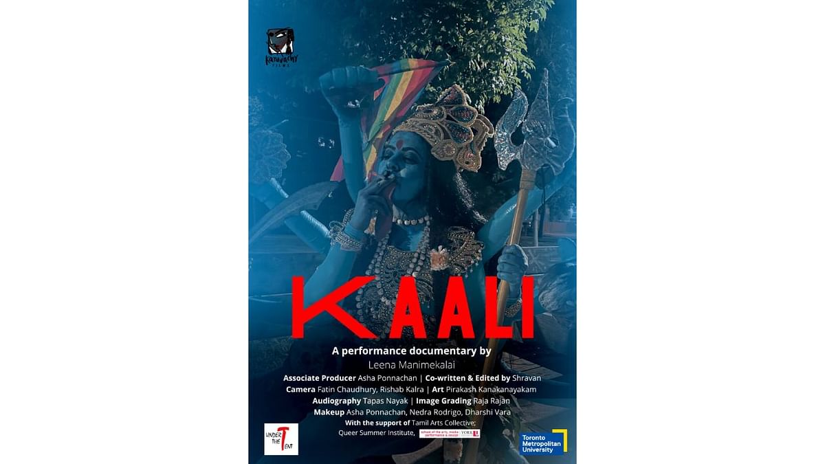 Kaali | A poster of Leena Manimekalai’s documentary film is under fire for hurting religious sentiments as the poster shows Goddess Kali smoking and holding an LGBTQ flag. Credit: Twitter/@LeenaManimekali