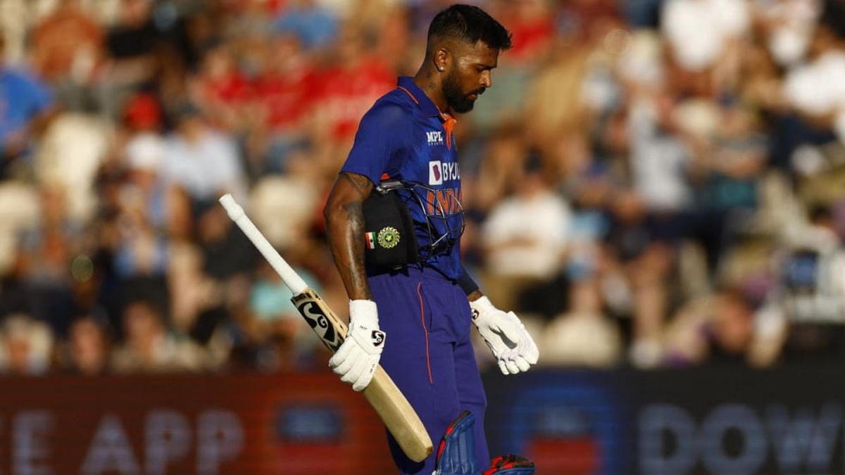 Pandya hit six fours and one towering six, off Matt Parkinson, before being dismissed for 51 in his 43rd T20I innings. Credit: Reuters Photo