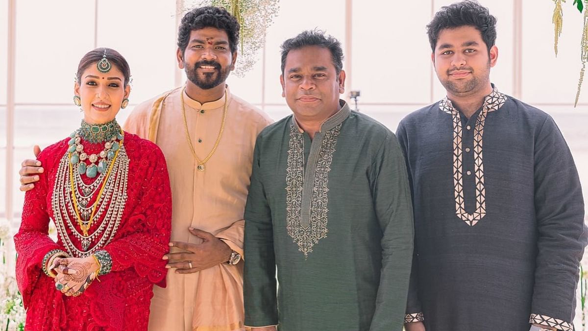 AR Rahman and his son pose with Nayanthara and Vignesh Shivan. Credit: Instagram/wikkiofficial