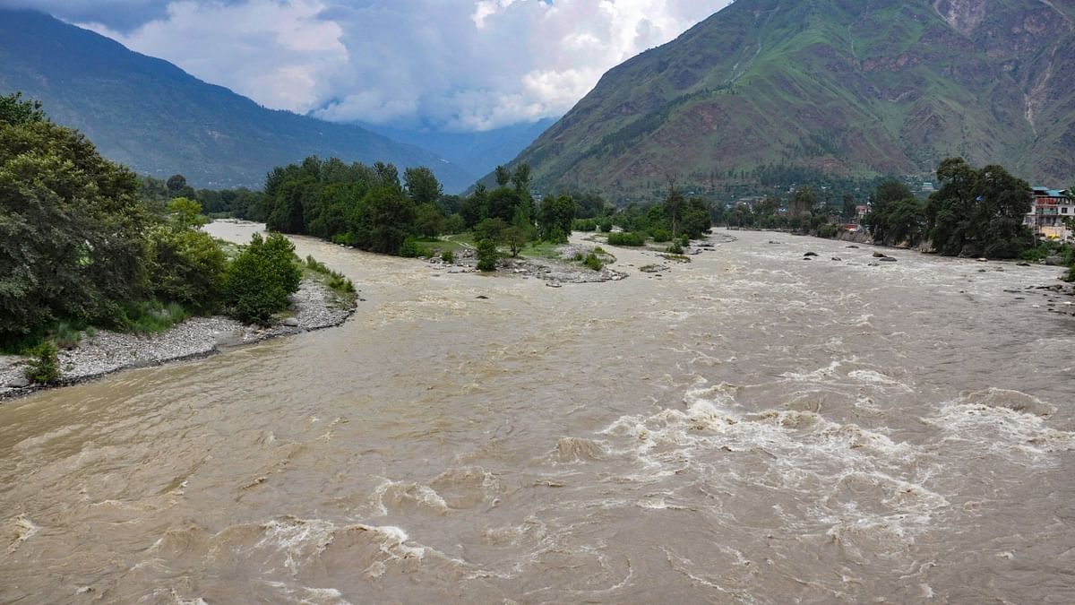 Kullu: Swollen Beas river following incessant monsoon rains. Credit: PTI Photo
