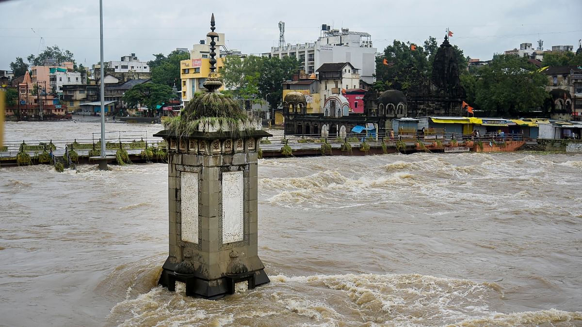 Nashik: Owing to incessant rains, the Godavari river in spate following monsoon rains. Credit: PTI Photo
