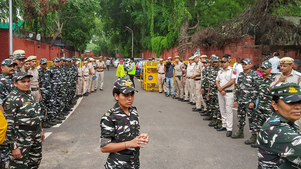 Meanwhile, tight security arrangements were made outside the Enforcement Directorate (ED) office in Delhi. Credit: PTI Photo