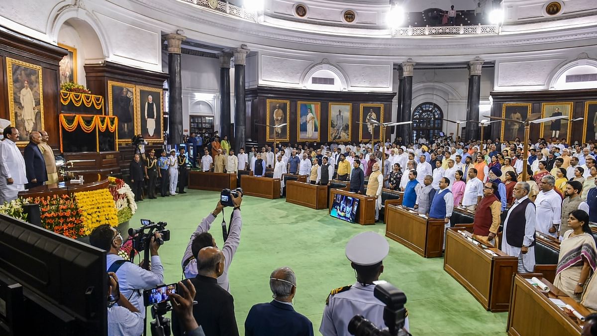 Outgoing President Ram Nath Kovind, Vice President Venkaiah Naidu, Prime Minister Narendra Modi, Lok Sabha Speaker Om Birla and others during a farewell function of the outgoing president, at Parliament House in New Delhi. Credit: PTI Photo
