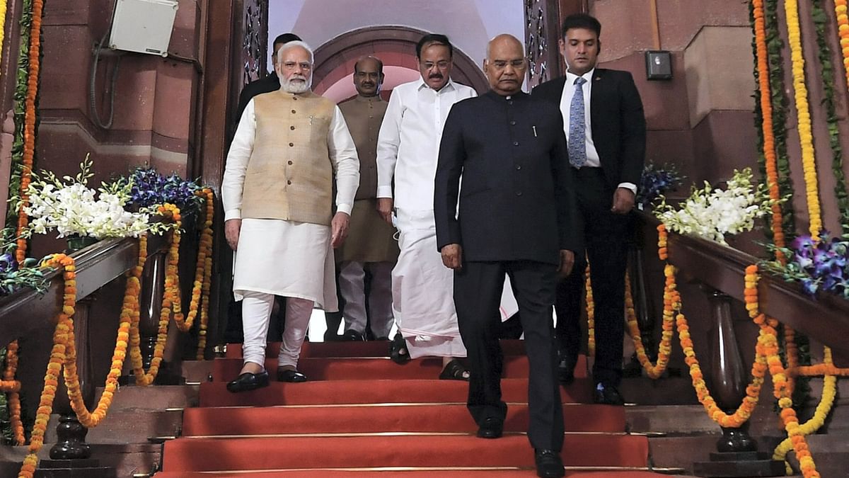 President Ram Nath Kovind with Vice President M Venkaiah Naidu, Prime Minister Narendra Modi and Lok Sabha Speaker Om Birla during the farewell function for the outgoing president, at Parliament House, in New Delhi. Credit: PTI Photo