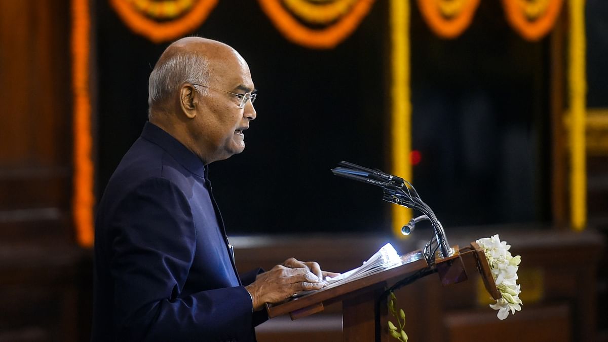 Outgoing President Ram Nath Kovind delivers his farewell address during a function at Parliament House in New Delhi. Credit: PTI Photo