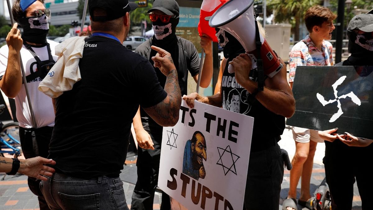 People wearing antisemitism and nazi symbols argue with conservatives during a protest outside the Tampa Convention Center where the Turning Point USA’s (TPUSA) Student Action Summit (SAS) is held, in Tampa, Florida. Credit: Reuters photo