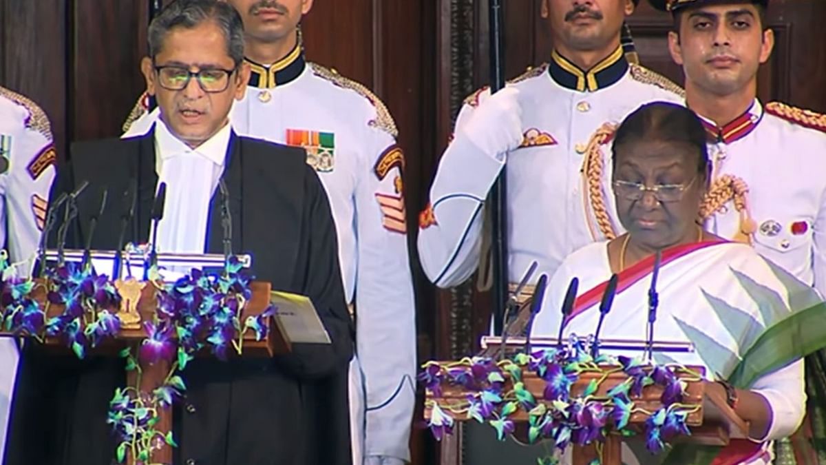 Murmu then took oath as the 15th President of India at the Central Hall. Her oath as the 15th President of India was administered by the Chief Justice of India N V Ramana. Credit: PTI Photo