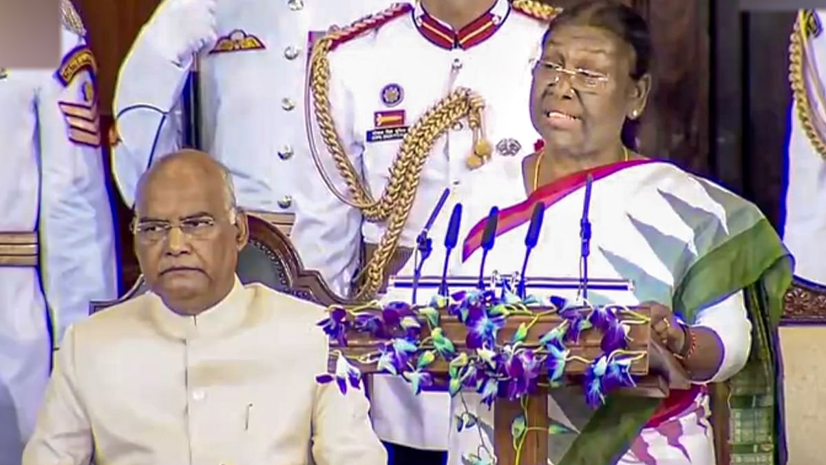 President Droupadi Murmu addressed the nation after taking the oath of office in the Central Hall of Parliament in New Delhi. Credit: Twitter/rashtrapatibhvn
