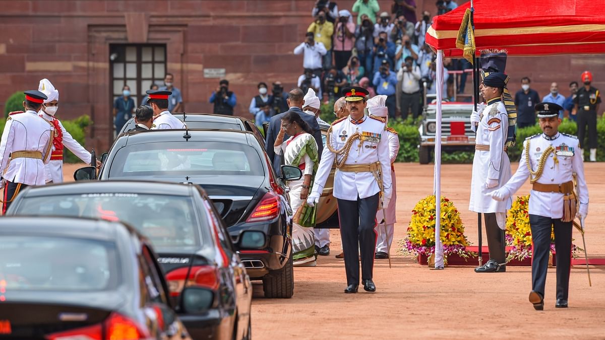 She was then escorted by the military and other officials to the Rashtrapati Bhavan. Credit: PTI Photo