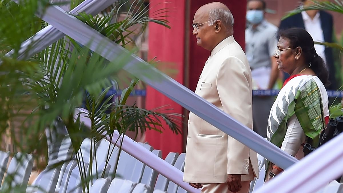 When Murmu reached the Rashtrapati Bhavan, her home and office for the next five years, she was welcomed by outgoing President Ram Nath Kovind and his wife Savita Kovind who offered her a bouquet. Credit: PTI Photo