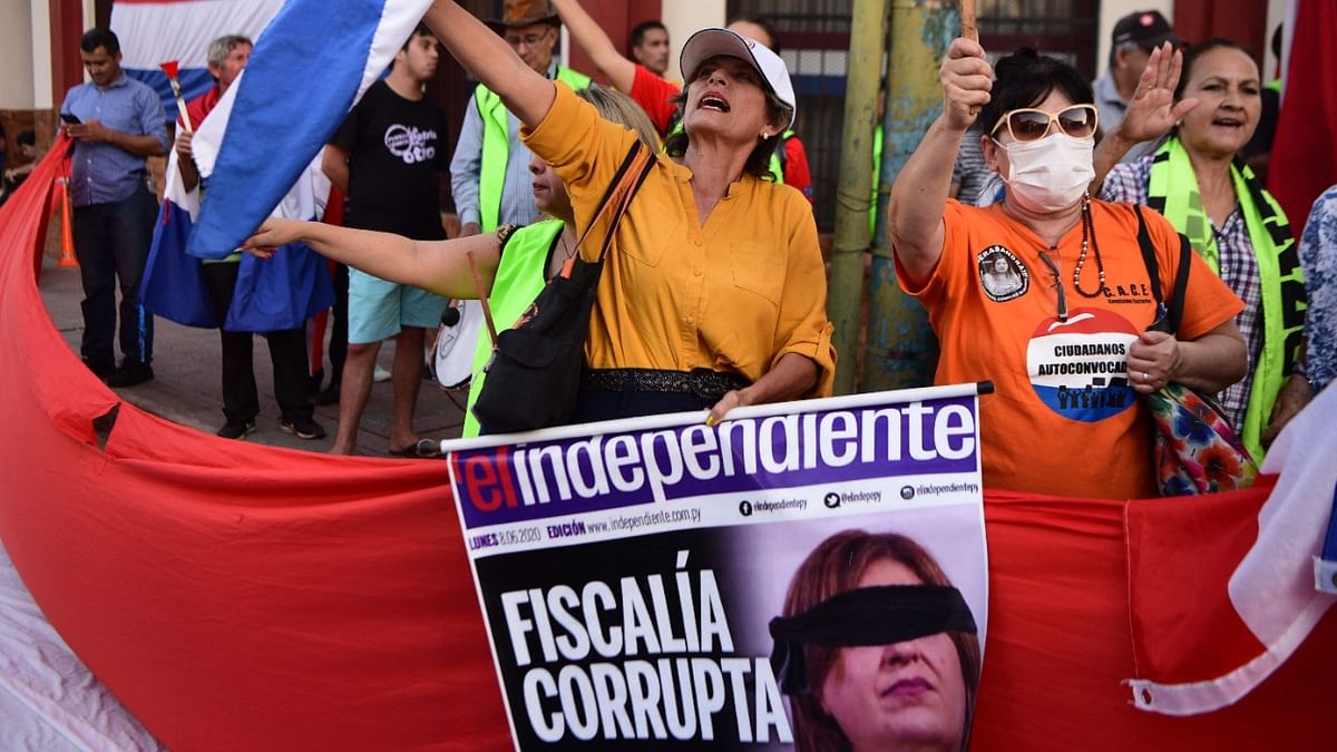 Demonstrators protest against Paraguayan Attorney General Sandra Quiñonez, accused of corruption, outside the Congress in Asuncion, while an extraordinary session of deputies discusses her possible impeachment. Credit: AFP Photo