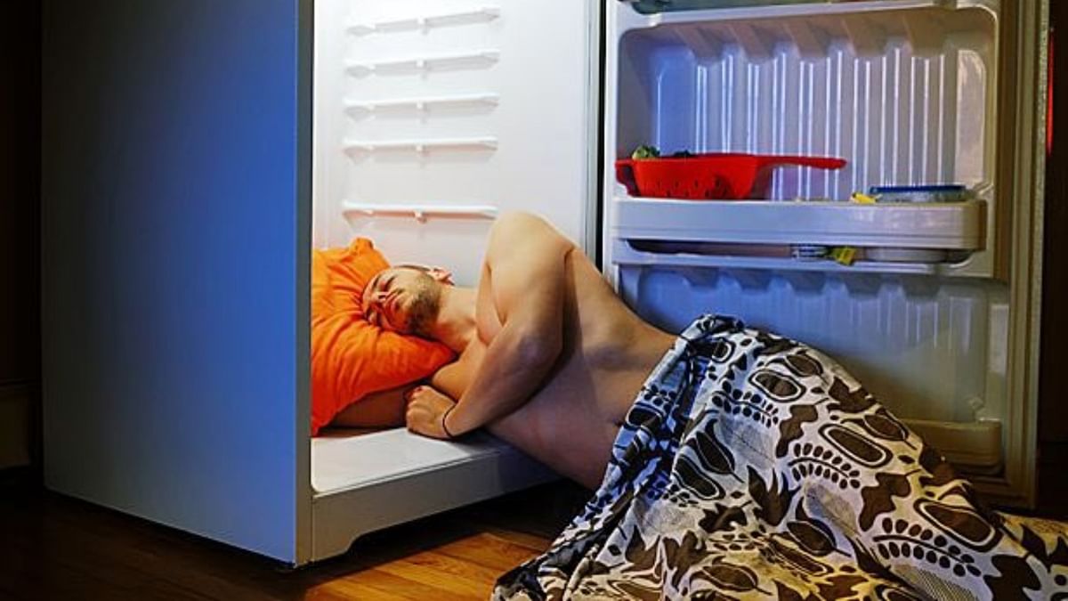 This photo of a man sleeping inside the refrigerator amid the heat wave was widely circulated on social media. Credit: Twitter/@flintbedrock
