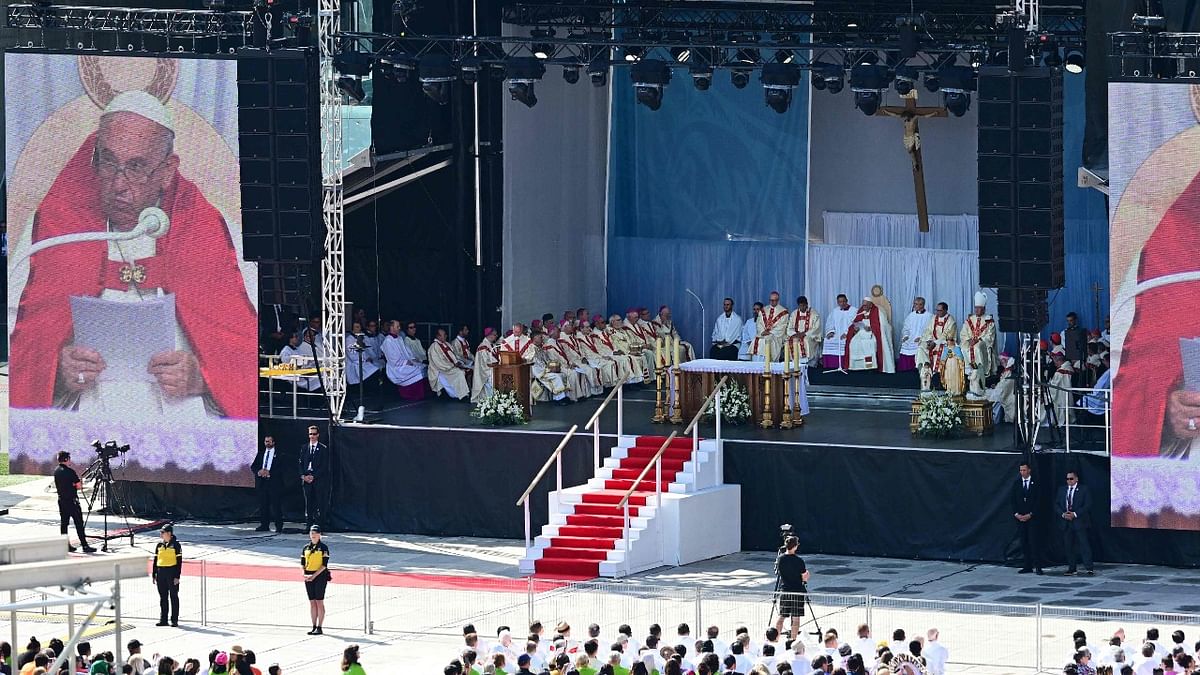 Pope Francis participates in an open-air mass at Commonwealth Stadium in Edmonton, Canada, on July 26, 2022. - The Pope will be celebrating the feast of St. Anne, grandmother of Jesus, a day of particular reverence for Indigenous Catholics. Credit: AFP Photo