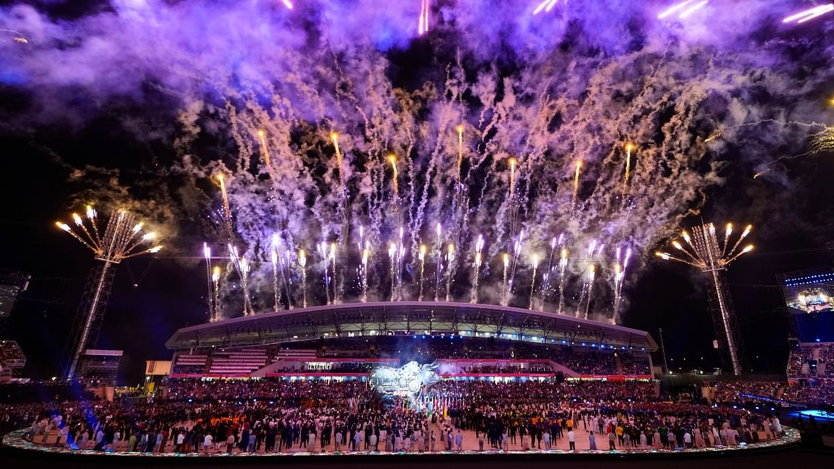 Fireworks explode during the Commonwealth Games opening ceremony at the Alexander Stadium in Birmingham, England. Credit: AP Photo