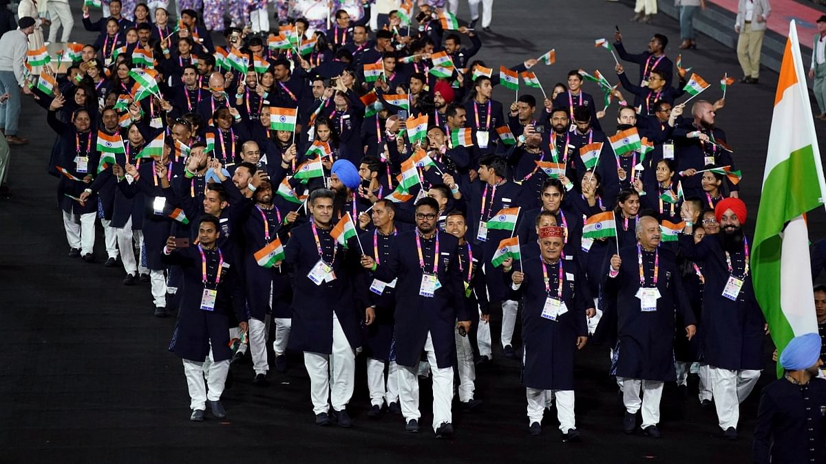 Team India parade during the opening ceremony of the Commonwealth Games at the Alexander Stadium in Birmingham. India is represented by 215 athletes who are taking part in 141 events across 19 sporting disciplines. Credit: AP Photo