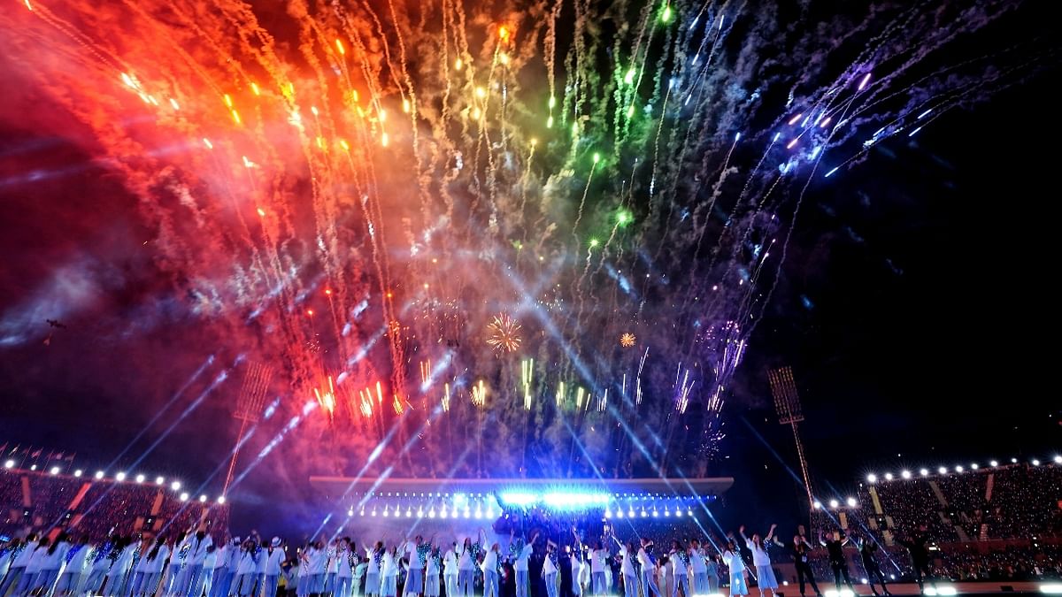 Fireworks go off during the opening ceremony of the Commonwealth Games. Credit: AP Photo
