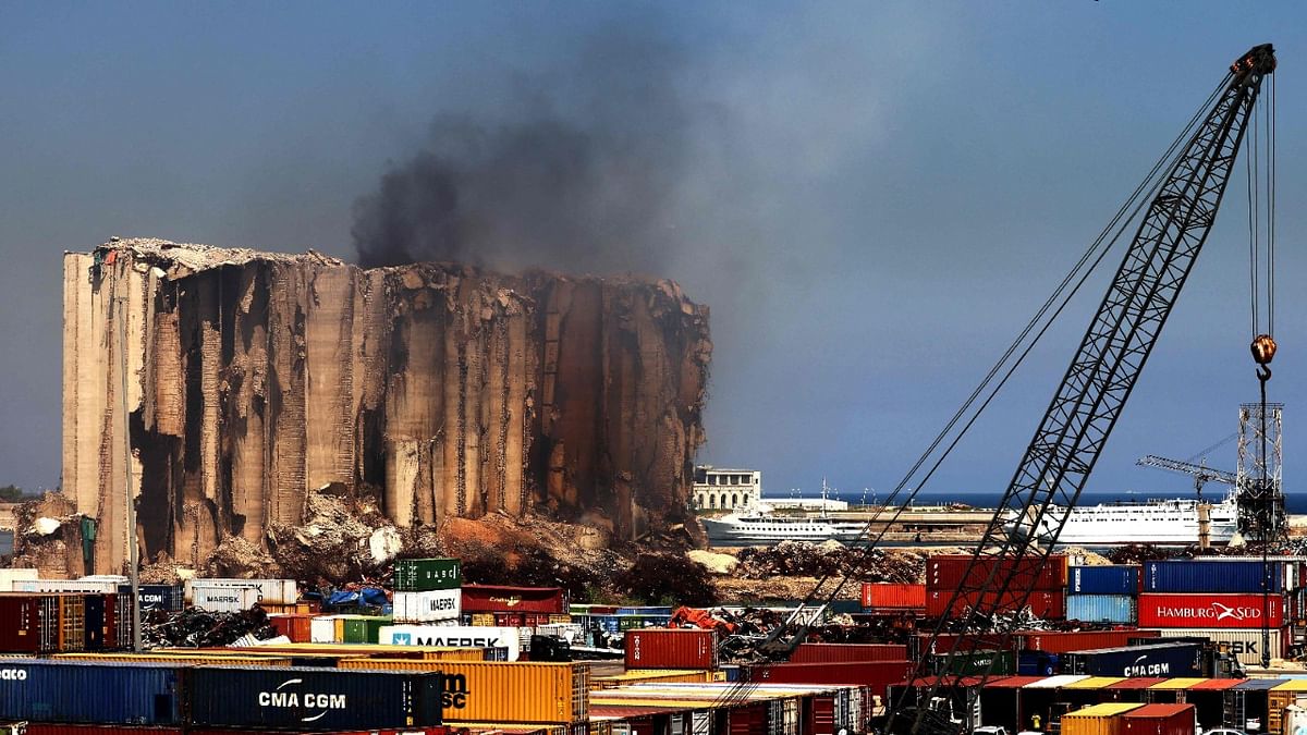 The fire at the port's blast-hit grain silos, at risk of collapse due to severe damage, ignited at the start of the month because of fermentation of remaining grain stocks paired with rising temperatures. Credit: AFP Photo