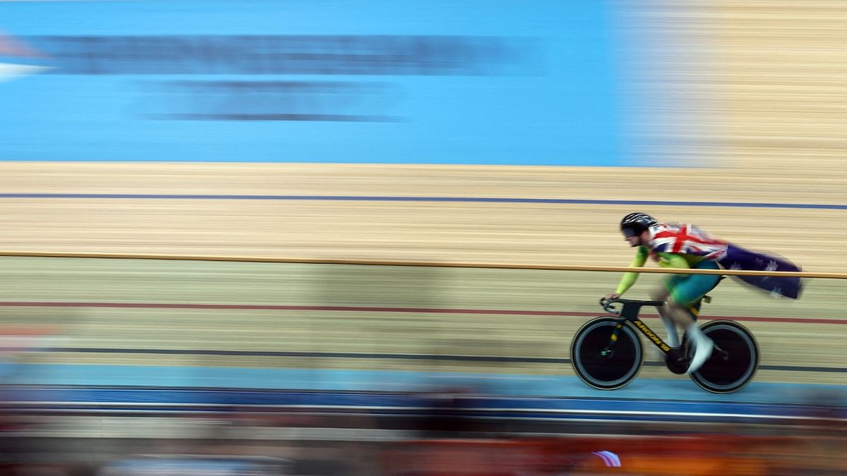 Gold medallist Australia's Matthew Glaetzer celebrates after winning in the men's 1000m time trial final cycling event on day four of the Commonwealth Games, at the Lee Valley VeloPark in east London. Credit: AFP Photo