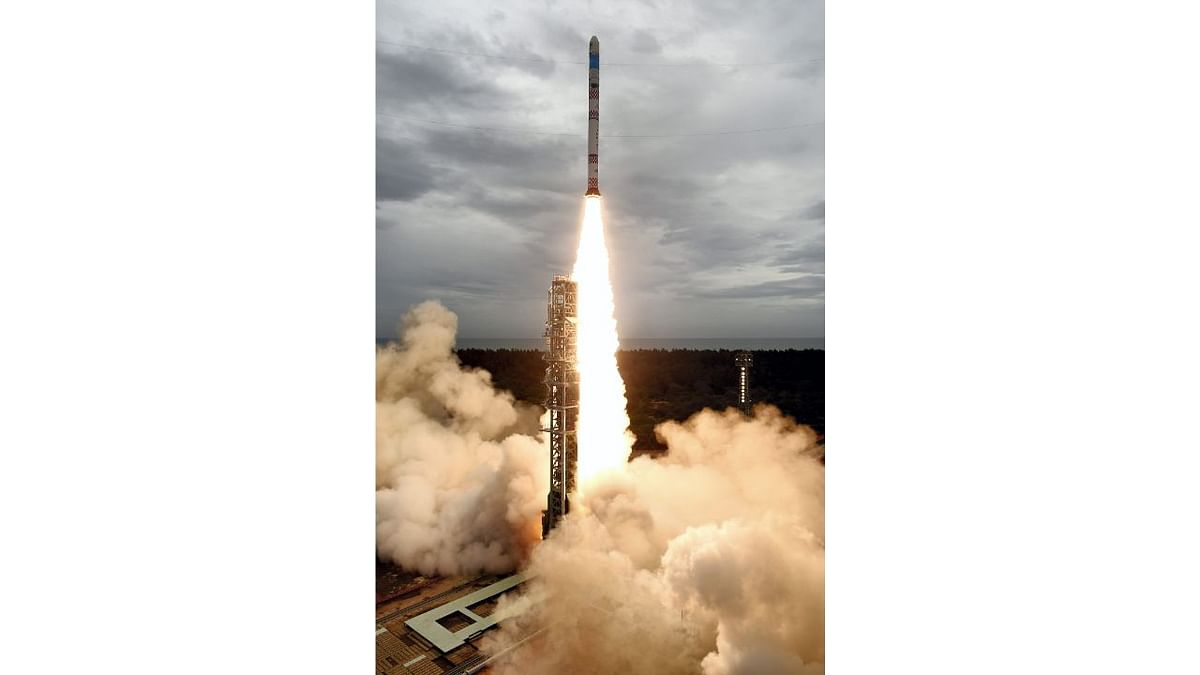 At the end of a seven and-a-half hour countdown, the 34-metre-long SSLV-D1 soared majestically at 9.18 am amid cloudy skies to place the satellites into the intended orbit. Credit: PTI Photo