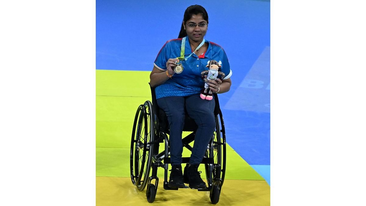 Star Indian para table tennis player Bhavina Patel won a gold medal in the women's singles class 3-5 at the Commonwealth Games in Birmingham. Credit: PTI Photo