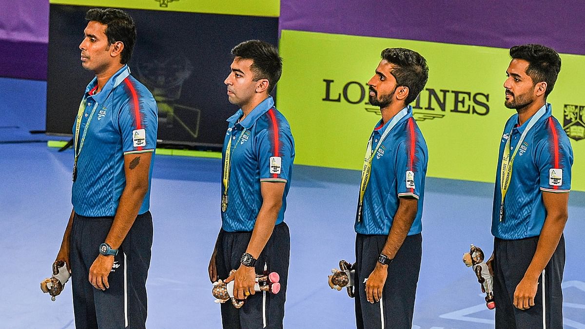 Men's table tennis team comprising Sharath Kamal Achanta, Sathiyan Gnanasekaran, Harmeet Desai and Sanil Shetty won gold at CWG 2022. Credit: PTI Photo