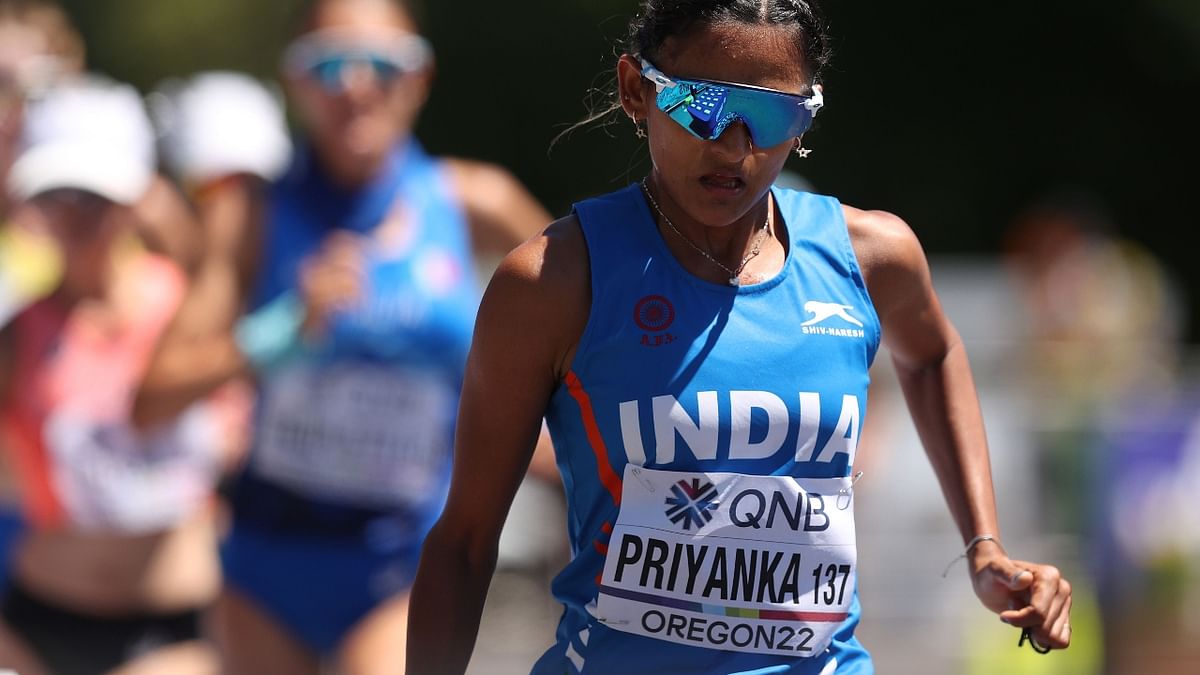 Indian athlete Priyanka Goswami clinched a silver medal for the country after finishing at second position in the final of the women's 10,000 m race walk at the Commonwealth Games 2022 in Birmingham. Credit: AFP Photo