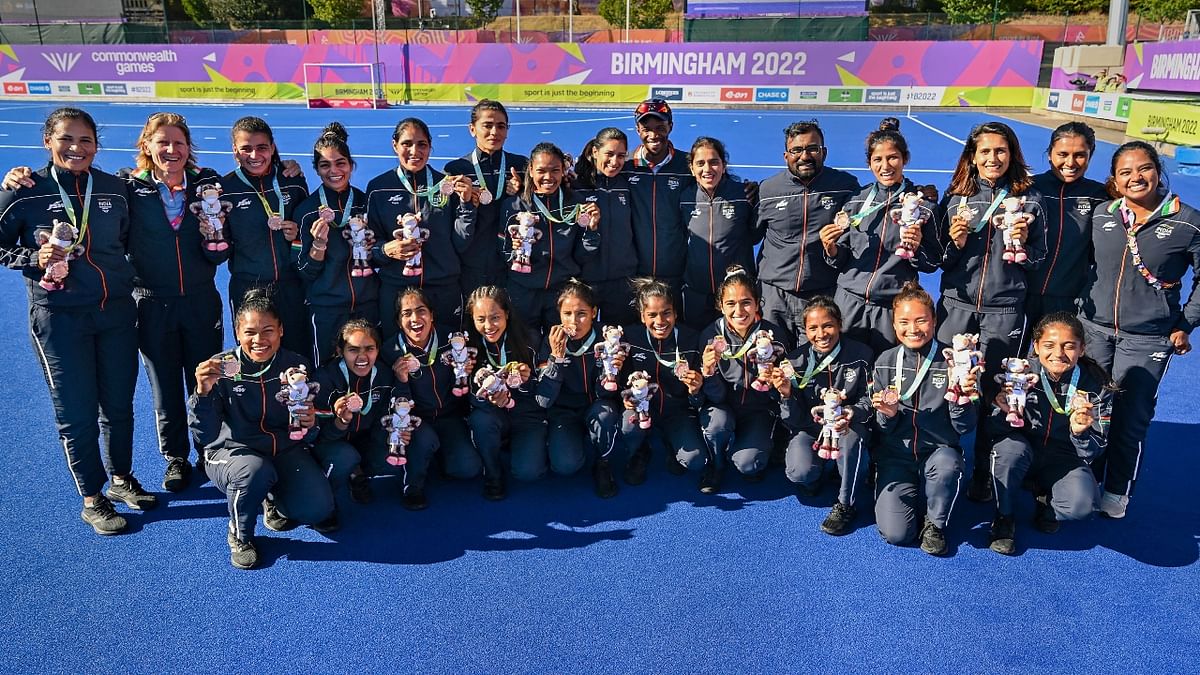 The Indian women's hockey team beat defending champions New Zealand 2-1 in the shootout to win the bronze medal and finish its campaign at the Commonwealth Games on a high note. This is the team's first medal at CWG in 16 years. Credit: PTI Photo